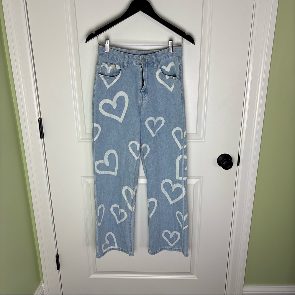 SHEIN Light Blue Heart Print Wide-Leg Jeans